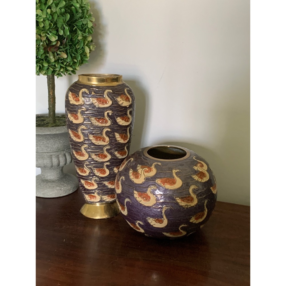 Vintage Brass Enamel Swan Vase Set Purple Champleve Chinoiserie Decor 2 Piece